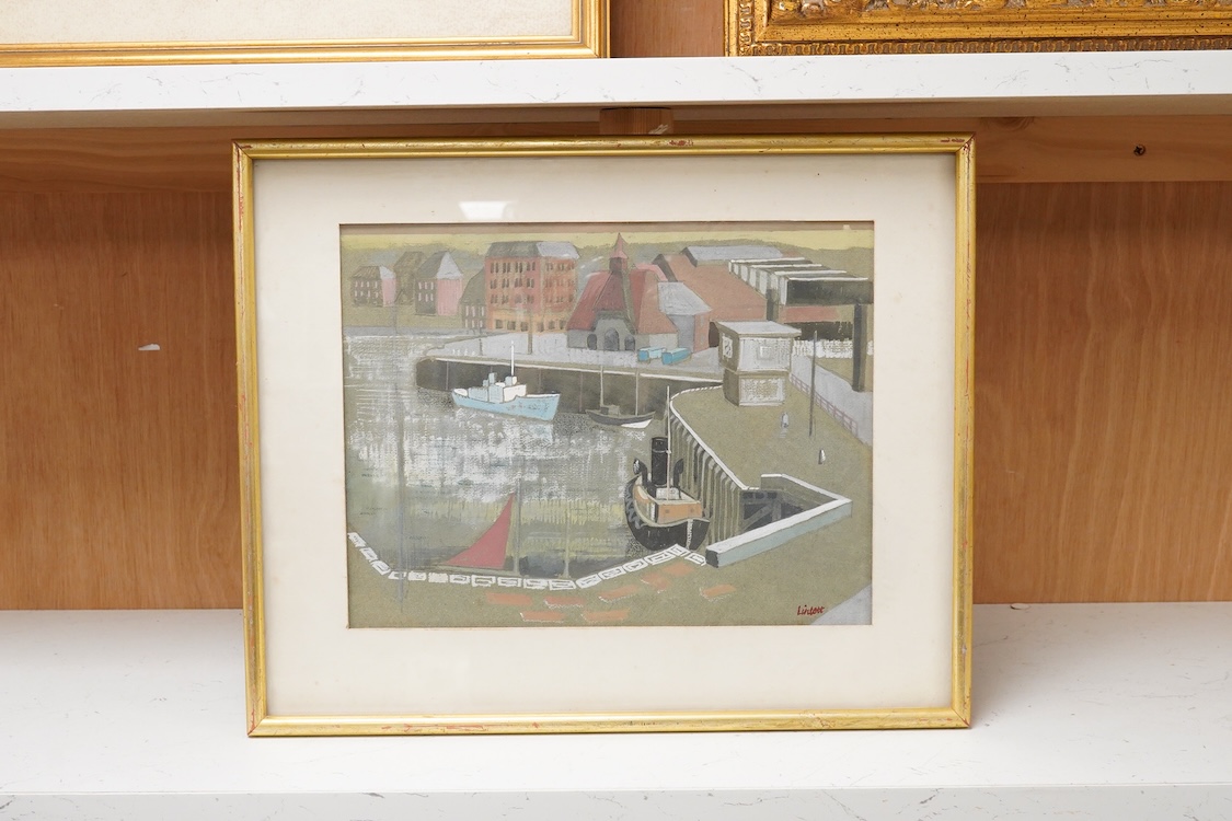 Geoffrey Lintott (20th. C), Modern British, Harbour view with boats, signed, gouache and mixed media, 22.5 x 29cm